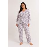 CottonVia Anne Pijama Takımı, Biyeli, V Yaka, Uzun Kol, %100 Pamuk Penye, Cepsiz, Pembe Çiçekli
