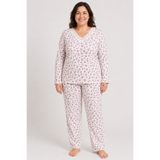 CottonVia Anne Pijama Takımı, Dantelli V Yaka, Uzun Kollu, %100 Pamuk, Kırmızı & Füme Çiçekli