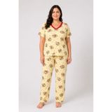 CottonVia Anne Pijama Takımı, V Yakalı, Kırmızı Dantelli, Baskılı, Kısa Kollu, %100 Pamuklu, Cepsiz, Sarı