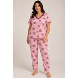 CottonVia Anne Pijama Takımı, V Yakalı, Mor Dantelli, Baskılı, Kısa Kollu, %100 Pamuklu, Cepsiz, Mor