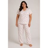 CottonVia Anne Pijama Takımı, V Yakası Dantelli, Kısa Kollu, %100 Pamuklu, Cepsiz, Fuşya Çiçek Desenli