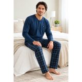 CottonVia Erkek Pijama Takımı, Openend Süprem Pamuklu, 30/1 Mevsimlik Kumaş, Uzun Kollu, Yakası Düğmeli, Lacivert Ekose Desenli