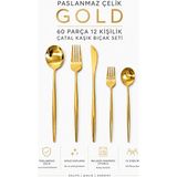 Countra 60 Parça 12 Kişilik Gold Çatal Kaşık Bıçak Seti – Paslanmaz Çelik Yemek Takımı, Tatlı Kaşığı ve Tatlı Çatalı