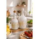 Countra Bambu Standlı Cam Yağdanlık ve Sirkelik Seti Beyaz Gold Desenli 1500 ml – 1000 ml
