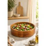 Country House Ahşap Salata Kasesi - Yuvarlak Meyve Sunumluğu - Dekoratif Masif Kayın (25cm)