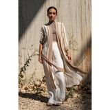 Country House Kadın %100 Pamuk Krem Tarçın Uzun Kimono - Kuşaklı Yazlık Kimono Ceket, Oversize