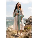 Country House Kadın %100 Pamuk Uzun Krem Yeşil Kimono - Kuşaklı Salaş Yazlık Dış Giyim