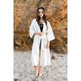 Country House Kadın Keten Pamuk Uzun Krem Kimono - Kuşaklı Diz Altı Yazlık Plaj Elbisesi, Oversize