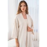 Country House Yazlık Kuşaklı Kısa Kimono - Krem Mavi Çizgili Pamuk Keten Diz Üstü Kimono