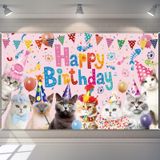 Couryxqq Kedi Doğum Günü Süslemeleri, 6 * 3ft Mutlu Yıllar Afişi, Yeniden Kullanılabilir Mutlu Yıllar Zemin, Pembe Doğum Günü Süslemeleri, Mükemmel Parti Malzemeleri