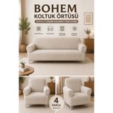 coverbox Bohem Desen vizon Lastikli Koltuk Örtüsü 3+3+1+1 Takımı | Esnek Lastikli Koltuk Örtüsü