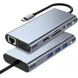 Coverzone 10 in 1 Type-C To USB Hub HDMI (4K),Audio/, Type-C/, 4X USB 3.0/, LAN/, VGA/, SD Card Reader Çevirici Hub 10 Port Adaptör Dönüştürücü Çoklayıcı