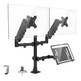 Coverzone 17–32 İnç Amortisörlü Çiftli Pivot Monitör Kolu ve Tablet Kollu, Gazlı Yaylı, 2–9 Kg, Çift Montaj Seçeneği Sıkıştırma ve Vidalama, 360° Döner, VESA Uyumlu Stant, M03, Siyah