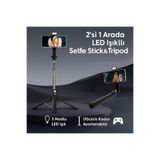 Coverzone 2İn1 Selfie Stick Tripod 170Cm Uzatılabilir, Bluetooth Kumanda, 3 Modlu Led Işık, Type-C | Np-01S