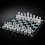 Coverzone Glass Chess Cam Satranç Takımı, Şeffaf ve Buzlu Cam Taşlı, 25x25cm