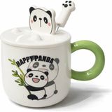 CoverZone Happy Panda Figürlü Kapaklı Seramik Mug 300ML Kahve Kupası Kaşıklı Tasarım Kupa Ofis Masaüstü Kahve Bardağı Kapaklı Kupa Latte Çay Dekoratif Kahve Kupası Sevimli Kupa | Happy Panda