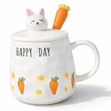 CoverZone Happyday Panda Figürlü Kapaklı Seramik Mug 300ML Kahve Kupası Kaşıklı Tasarım Kupa Ofis Masaüstü Kahve Bardağı Kapaklı Kupa Latte Çay Dekoratif Kahve Kupası Sevimli Kupa | Happyday Havuç