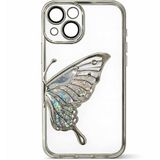 Coverzone iPhone 13 ile Uyumlu 3D Kelebekli Sıvılı Simli Şeffaf Gümüş Çerceve LunaFlow Telefon Kılıfı Kamera Lens Korumalı Lüks Parlak Koruyucu Kapak