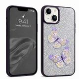 Coverzone İPhone 14 Plus / 15 Plus İle Uyumlu Simli Kelebek Tasarımlı Sert Silikon Özel Üretim Yüksek Kalite Telefon Kılıfı ÖK-1 Derin Mor
