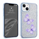 Coverzone İPhone 14 Plus / 15 Plus İle Uyumlu Simli Kelebek Tasarımlı Sert Silikon Özel Üretim Yüksek Kalite Telefon Kılıfı ÖK-1 Mavi