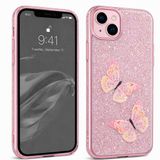 Coverzone İPhone 14 Plus / 15 Plus İle Uyumlu Simli Kelebek Tasarımlı Sert Silikon Özel Üretim Yüksek Kalite Telefon Kılıfı ÖK-1 Pembe