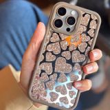 Coverzone iPhone 15 Plus Kılıf ile uyumlu Işıltılı Kalpli Kılıfı AynalıArka Kapak Simli Kalpli Desen Yumuşak Kenar Koruma Heart Şık ve Parlak Tasarım Brown