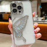Coverzone iPhone 15 Pro Max ile Uyumlu 3D Kelebekli Sıvılı Simli Şeffaf Gümüş Çerceve LunaFlow Telefon Kılıfı Kamera Lens Korumalı Lüks Parlak Koruyucu Kapak
