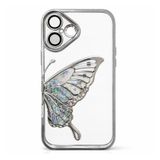 Coverzone iPhone 16 ile Uyumlu 3D Kelebekli Sıvılı Simli Şeffaf Gümüş Çerceve LunaFlow Telefon Kılıfı Kamera Lens Korumalı Lüks Parlak Koruyucu Kapak