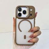 Coverzone iPhone 17 Pro uyumlu Kamera Lens Aparatlı Stand Olabilen Magsafe ile uyumlu Kamera Korumalı Şeffaf Full Color Magnetic Wireless Telefon Kılıfı Kahverengi