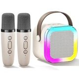 Coverzone Kablosuz Mikrofonlu Karaoke Makinesi Taşınabilir Bluetooth Hoparlör Seti Bas Tiz Ayarlı Retro Hoparlör Yetişkinler ve Çocuklar İçin Hafıza Kartı ve USB 10x10x6cm (Çiftli K12 - Krem)