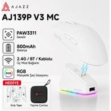 CoverZone Kablosuz Oyuncu Mouse PAW3311 Sensör 24000 Dpı 1000Hz 2.4g Bluetooth Kablolu Üç Modlu 800MAH Rgb Manyetik Şarj Standlı 69G E Spor Fare | Ajazz AJ139P V3 Mc - Beyaz