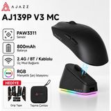 CoverZone Kablosuz Oyuncu Mouse PAW3311 Sensör 24000 Dpı 1000Hz 2.4g Bluetooth Kablolu Üç Modlu 800MAH Rgb Manyetik Şarj Standlı 69G E Spor Fare | Ajazz AJ139P V3 Mc - Siyah