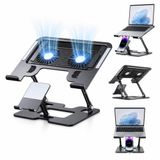 Coverzone Karbon Çelik 3 in 1 Notebook, Tablet ve Telefon Standı, 12.9-17 inç Laptop ve Tablet İçin 2 Fanlı Soğutuculu Ergonomik Yükseltici, 4.7-12.9 inç Telefon Tutucu, L07
