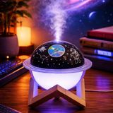 CoverZone KF-8805 | Uzay Temalı Hava Nemlendirici Gece Lambası ve Yıldız Projektörlü Buhar Difüzör, 250ML Su Hazneli Usb, Ahşap Standlı Masaüstü Aroma Difüzör Ortam Nem Dengeleyici - Renkli