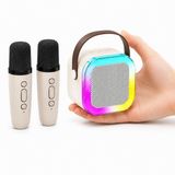 Coverzone Mini Boy Kablosuz Mikrofonlu Karaoke Makinesi Taşınabilir Bluetooth Hoparlör Seti Bas Tiz Ayarlı Hoparlör Yetişkinler ve Çocuklar İçin Hafıza Kartı ve USB 10x10x6cm (Çiftli K12 - Krem)