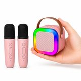 Coverzone Mini Boy Kablosuz Mikrofonlu Karaoke Makinesi Taşınabilir Bluetooth Hoparlör Seti Bas Tiz Ayarlı Hoparlör Yetişkinler ve Çocuklar İçin Hafıza Kartı ve USB 10x10x6cm (Çiftli K12 -Pembe)