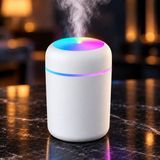Coverzone Mini USB Hava Nemlendirici 300 ml Ultrasonik Soğuk Buhar Makinesi 7 Renk LED Gece Işıklı 2 Buhar Modlu Sessiz Masaüstü Nemlendirici, DQ-107 - Beyaz