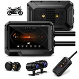 Coverzone Motosiklet Kamera Kayıt Cihazı - Kablosuz CarPlay & Android Auto Destekli, Çift Ön Arka Kamera, TPMS Lastik Basınç Sensörü, Gidon Kumandası, IP67 Su Geçirmez Dokunmatik Navigasyon Ekranı