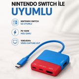 CoverZone Nintendo Switch ile Uyumlu Usb-C Video Capture ve Docking Station, 4-In-1 Pd 100W Hızlı Şarj, 1080/60Hz Capture-Out, 4K Loop-Out, USB 3.2 Veri Transferi | ZR1282 - Kırmızı