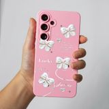 Coverzone Samsung Galaxy A14 İle Uyumlu Yüksek Kalite Özel Tasarım Kadife İç Yüzey Lansman Silikon Premium Telefon Kılıfı-SD02-Pembe Kurdele