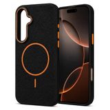 Coverzone Samsung Galaxy A35 ile uyumlu Deri Görünmlü 2,5mm Kamera Koruma Çıkıntı Koruma Cowboy MagSafe ile uyumlu İç Kadife Yüzeyli Silikon Kılıf Siyah-Turuncu