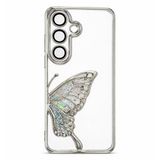 Coverzone Samsung Galaxy S24 ile Uyumlu 3D Kelebekli Sıvılı Simli Şeffaf Gümüş Çerceve LunaFlow Telefon Kılıfı Kamera Lens Korumalı Lüks Parlak Koruyucu Kapak