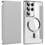 Coverzone Samsung Galaxy S24 ile uyumlu Flip Cover MagSafe ile uyumlu Kamera Lens Korumalı Kartlıklı Cüzdan Dikişli VİNLEKS Deri Kılıf Grey