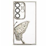 Coverzone Samsung Galaxy S24 Ultra ile Uyumlu 3D Kelebekli Sıvılı Simli Şeffaf Gümüş Çerceve LunaFlow Telefon Kılıfı Kamera Lens Korumalı Lüks Parlak Koruyucu Kapak