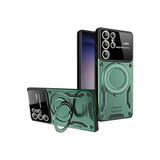 Coverzone Samsung Galaxy S25 Ultra ile uyumlu Kılıf Joy Joy Stand Olabilen Lens Korumalı 360° Derece Dönen Halak Yüzük Aparatlı Kapak Koyu Yeşil