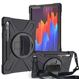 Coverzone Samsung Galaxy Tab S7 T870 ile Uyumlu Kılıf El Tutamaçlı Standlı Full 360 Koruma Z-Defender Rugged Tablet Kılıf Siyah