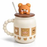 Coverzone Sevimli Ayıcık Figürlü Kapaklı Seramik Mug 300ml Kahve Kupası Kaşıklı Tasarım Kupa Ofis Masaüstü Kahve Bardağı Kapaklı Kupa Latte Çay Dekoratif Kahve Kupası Sevimli Kupa | Açık Kahverengi
