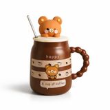 Coverzone Sevimli Ayıcık Figürlü Kapaklı Seramik Mug 300ml Kahve Kupası Kaşıklı Tasarım Kupa Ofis Masaüstü Kahve Bardağı Kapaklı Kupa Latte Çay Dekoratif Kahve Kupası Sevimli Kupa | Koyu Kahverengi