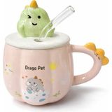 Coverzone Sevimli Dinozor Figürlü Kapaklı Seramik Mug 300ml Kahve Kupası Kaşıklı Tasarım Kupa Ofis Masaüstü Kahve Bardağı Kapaklı Kupa Latte Çay Dekoratif Kahve Kupası Sevimli Kupa | (Dinozor Pembe)