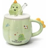 Coverzone Sevimli Dinozor Figürlü Kapaklı Seramik Mug 300ml Kahve Kupası Kaşıklı Tasarım Kupa Ofis Masaüstü Kahve Bardağı Kapaklı Kupa Latte Çay Dekoratif Kahve Kupası Sevimli Kupa | (Dinozor Yeşil)